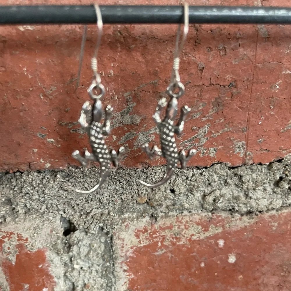 Southwest Gecko Dangle Sterling Earrings Artist Marked .925 Silver